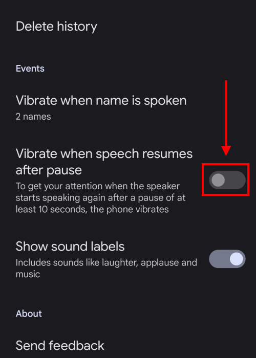 Tap the toggle switch for Vibrate when speech resumes